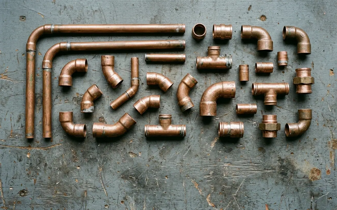 Copper pipe offcuts and fittings laid out on a workbench
