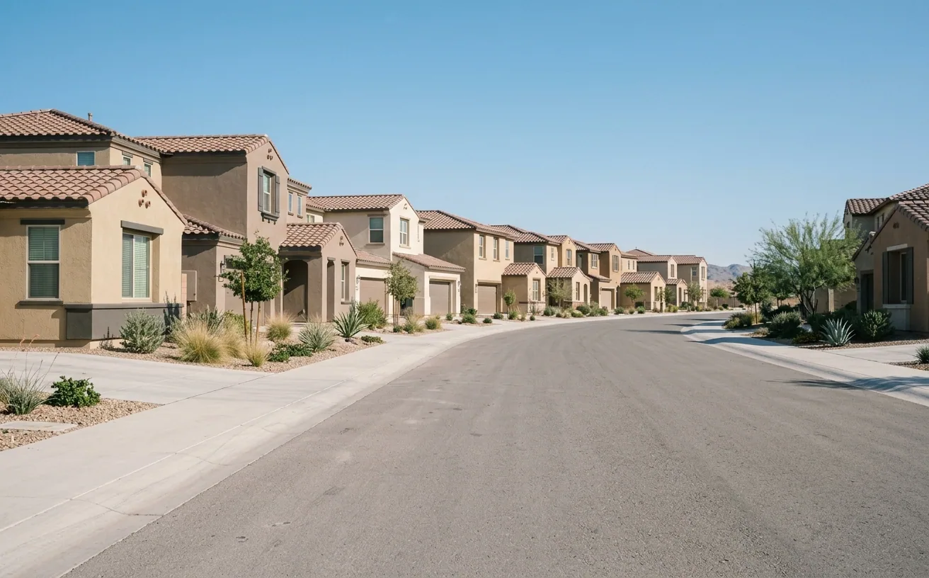Street of newer desert tract homes built in the 2000s