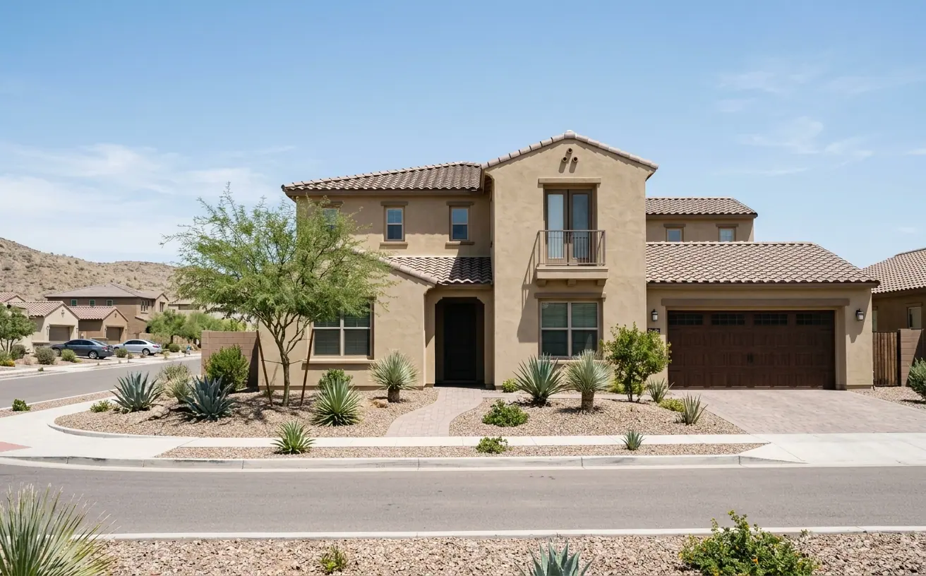 Two story stucco home with a tile roof in a master planned Las Vegas Valley neighborhood