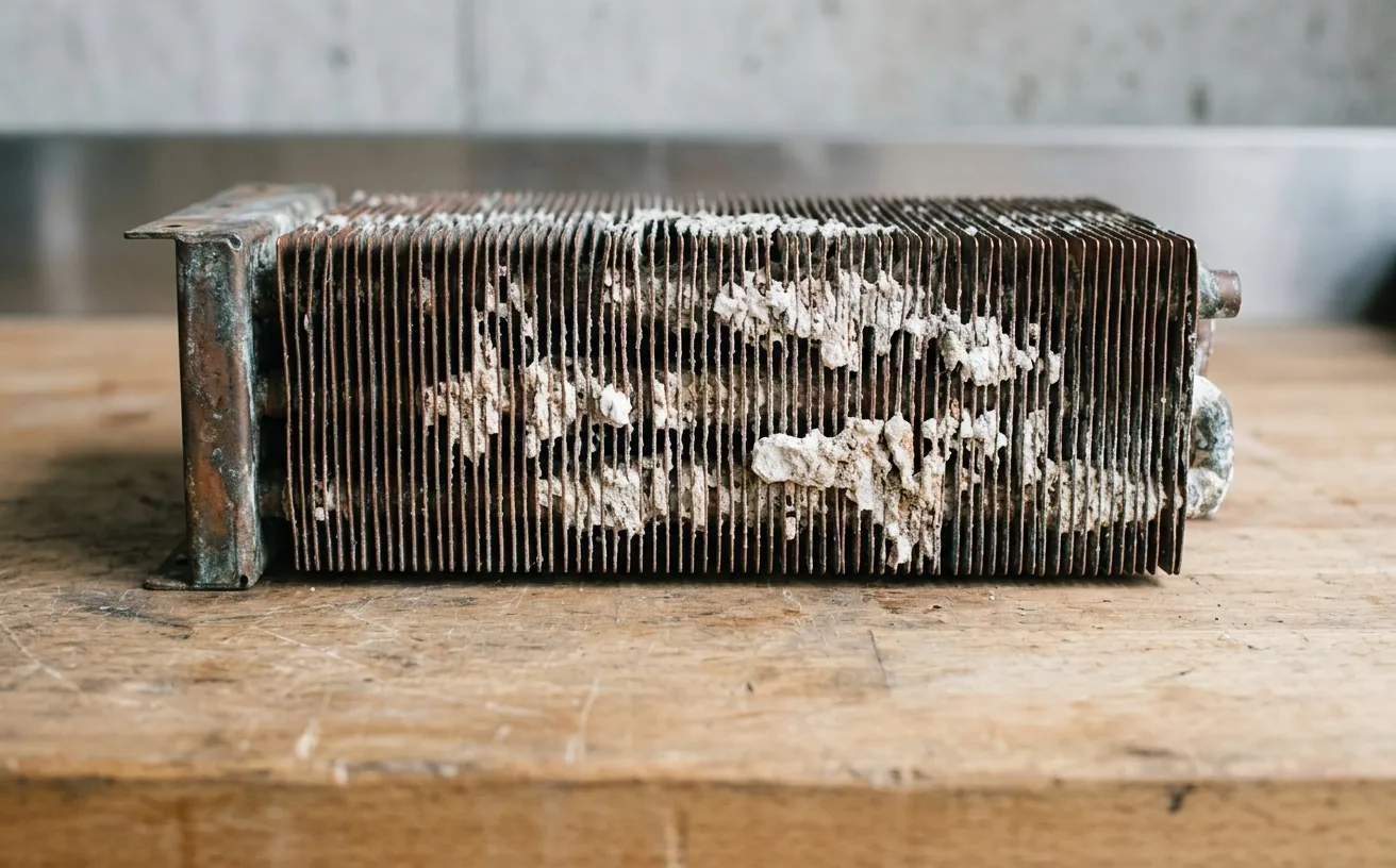 Mineral scale coating the fins of a tankless water heater heat exchanger